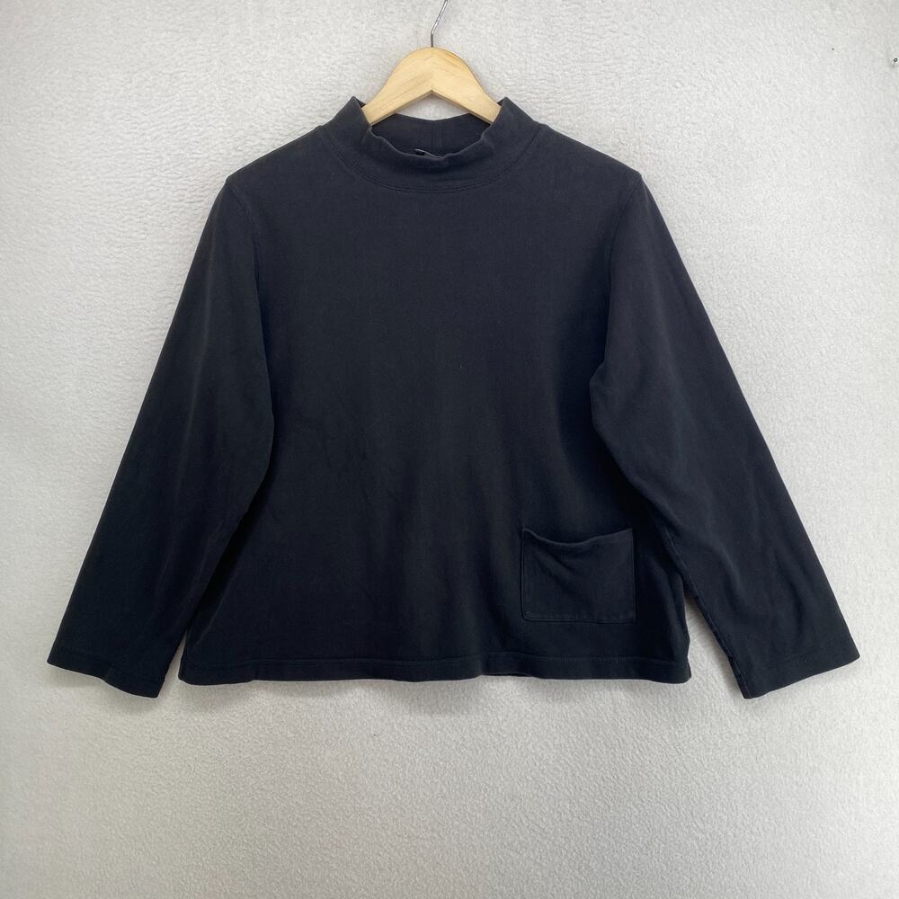 EILEEN FISHER Top M Heavy Brushed Jersey Cotton Mock Neck Long Sleeve Black